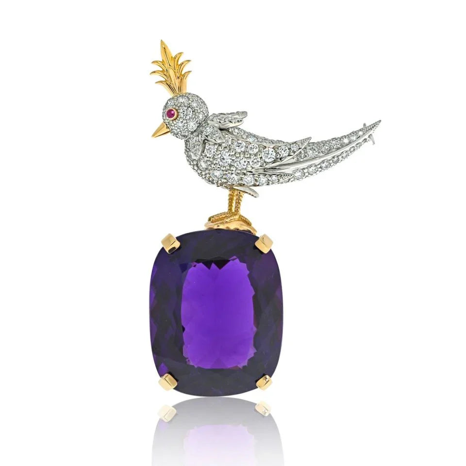 Tiffany & Co. Schlumberger Platinum & 18K Yellow Gold Bird On The Rock Amethyst Brooch - The Back Vault