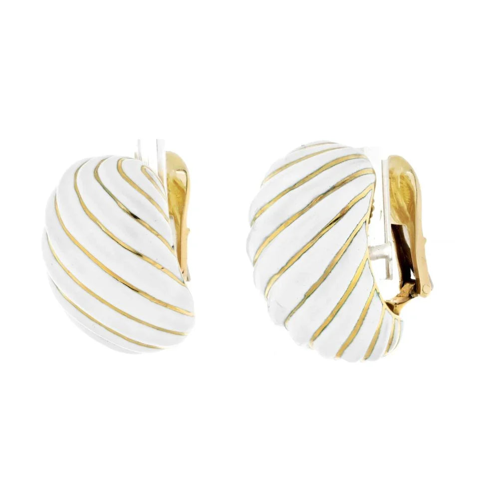 David Webb Platinum & 18K Yellow Gold White Enamel Wave Clip Earrings - The Back Vault