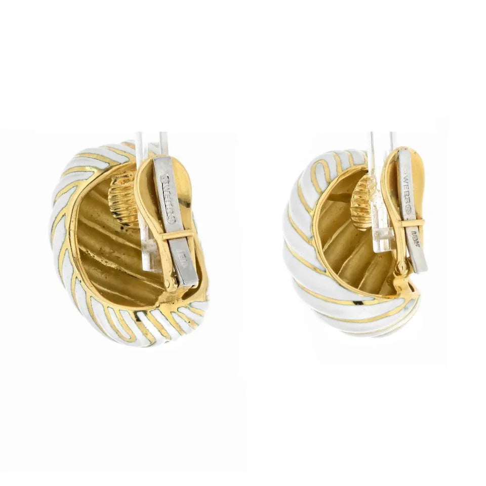 David Webb Platinum & 18K Yellow Gold White Enamel Wave Clip Earrings - The Back Vault