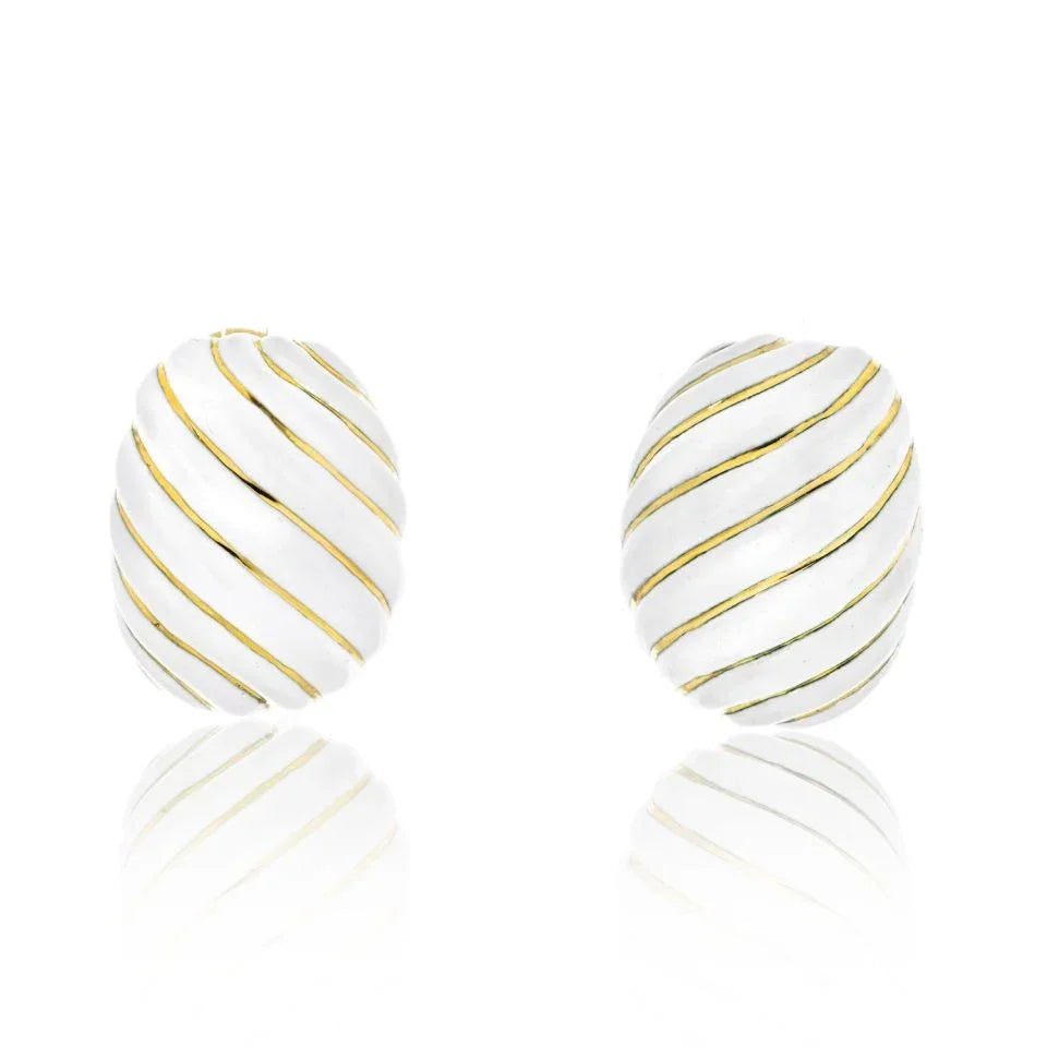 David Webb Platinum & 18K Yellow Gold White Enamel Wave Clip Earrings - The Back Vault