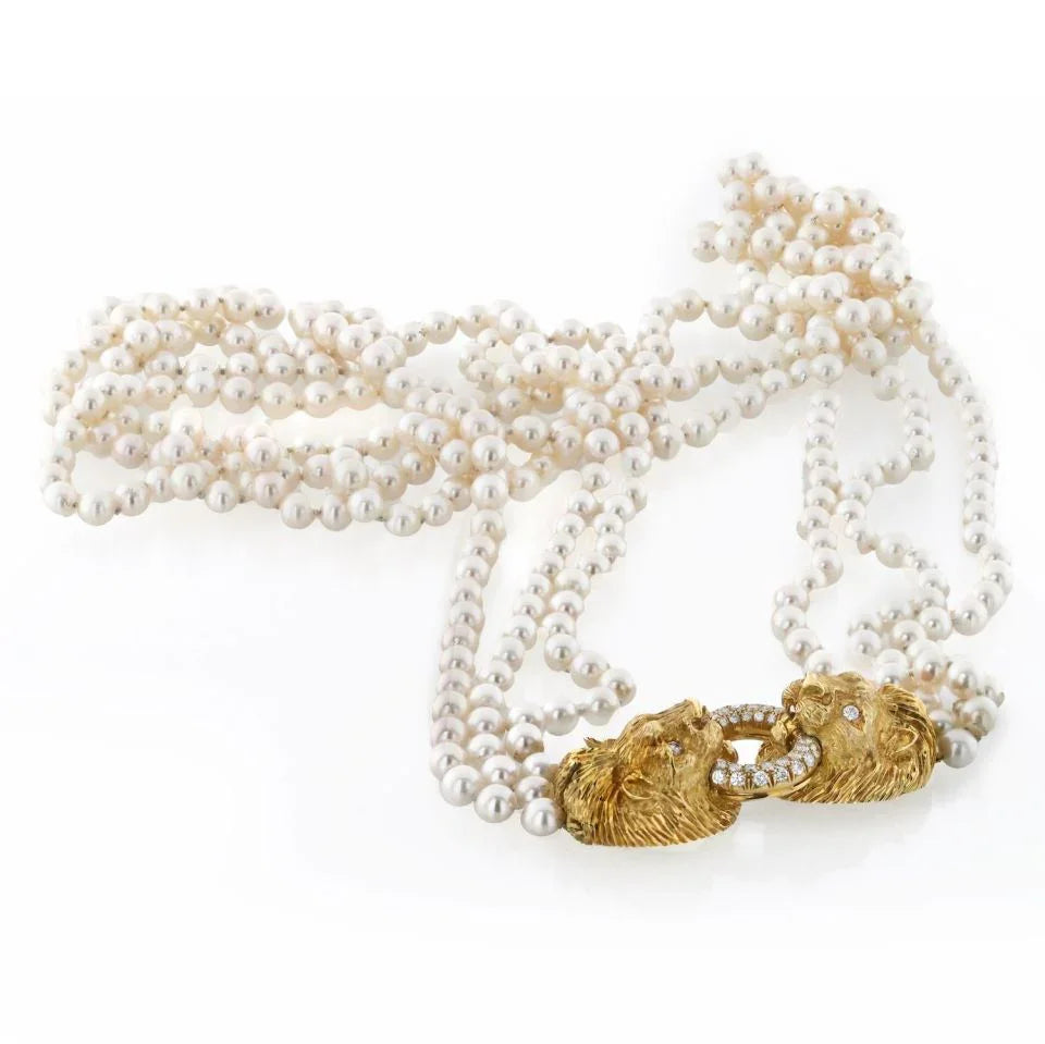 Graff 18K Yellow Gold Multi Strand Pearl Double Lion Necklace - The Back Vault