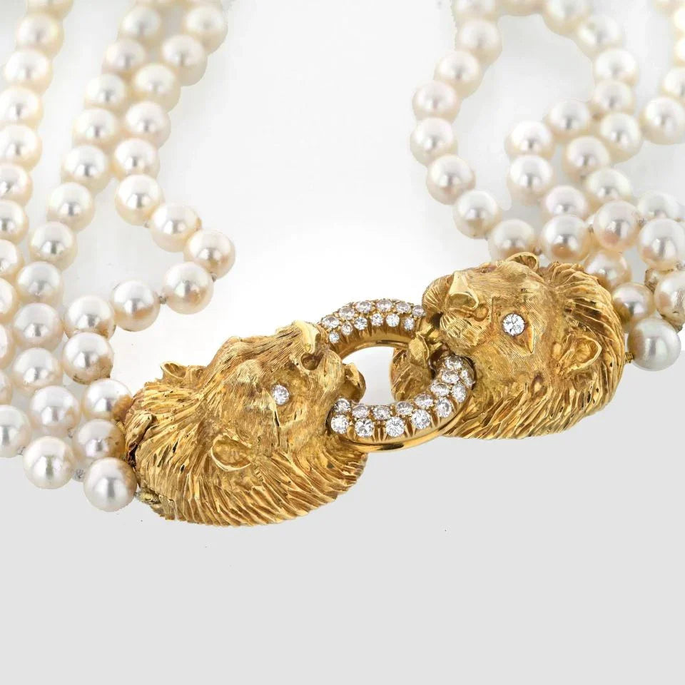 Graff 18K Yellow Gold Multi Strand Pearl Double Lion Necklace - The Back Vault