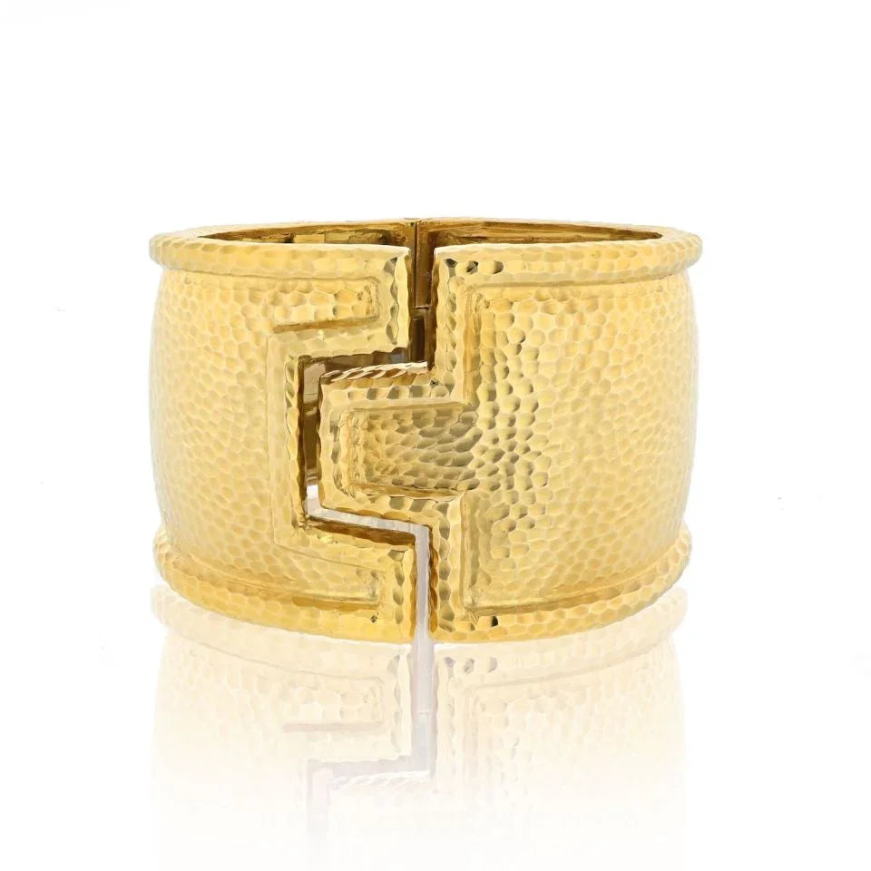 David Webb Platinum & 18K Yellow Gold Hammered Split Front Cuff Bangle Bracelet - The Back Vault