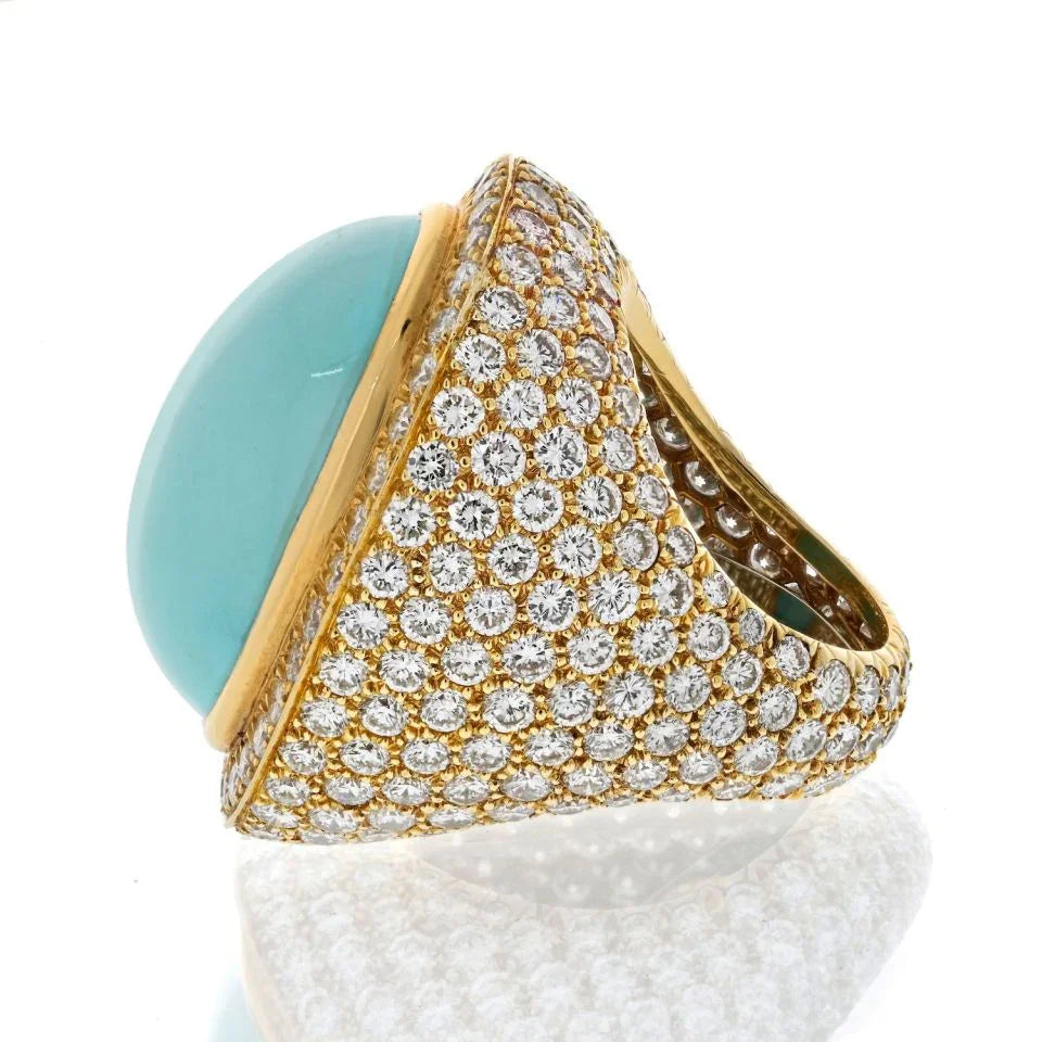 David Webb Platinum & 18K Yellow Gold Large Turquoise And Diamond Ring - The Back Vault