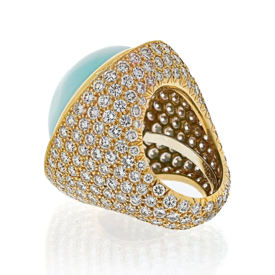 David Webb Platinum & 18K Yellow Gold Large Turquoise And Diamond Ring - The Back Vault