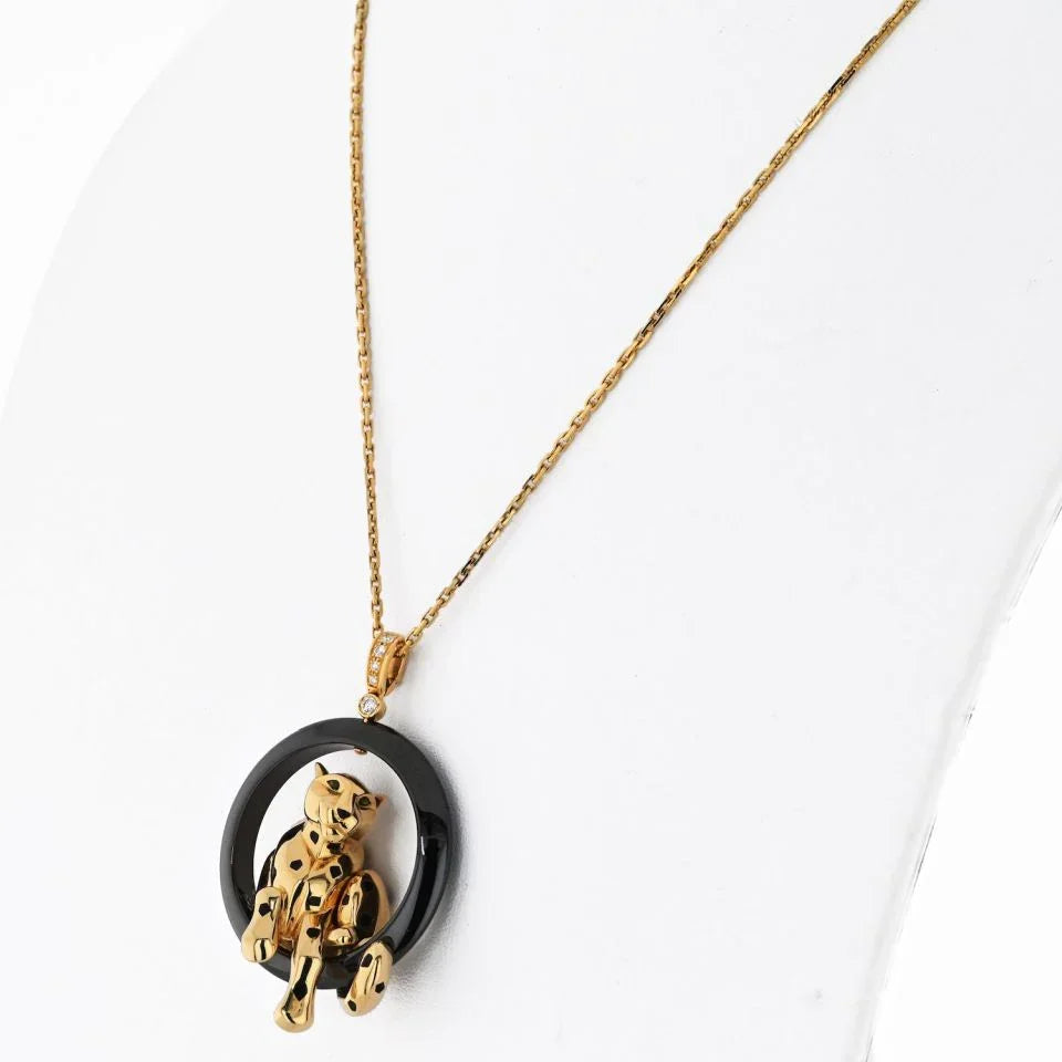 Cartier 18K Yellow Gold Panthere On A Black Onyx Necklace - The Back Vault