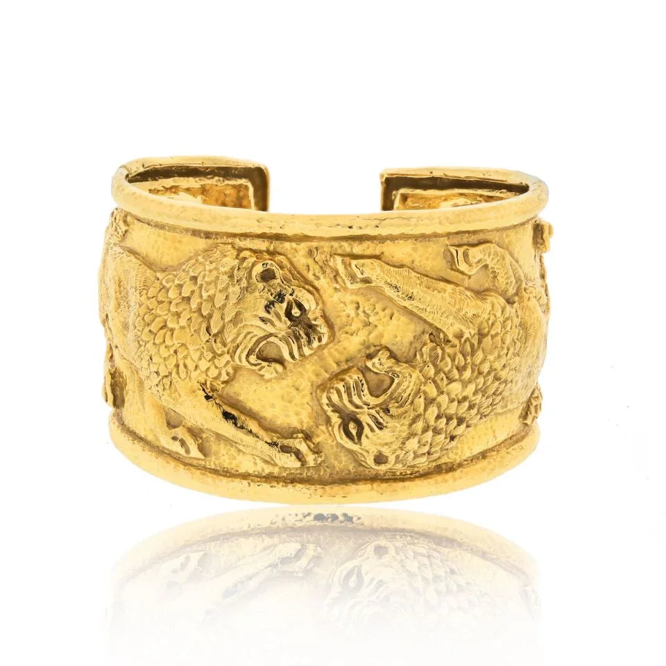 David Webb Platinum & 18K Yellow Gold Double Lion Cuff Bracelet - The Back Vault