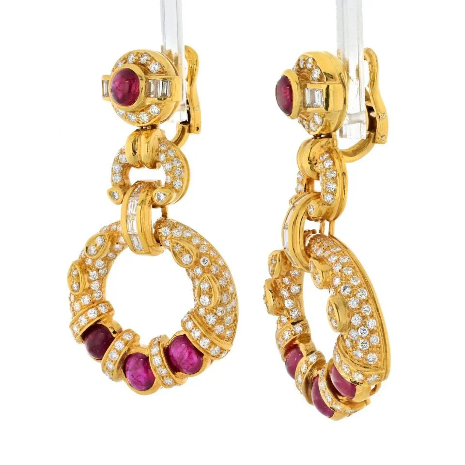18K Yellow Gold Diamond Ruby Doorknocker Earrings - The Back Vault