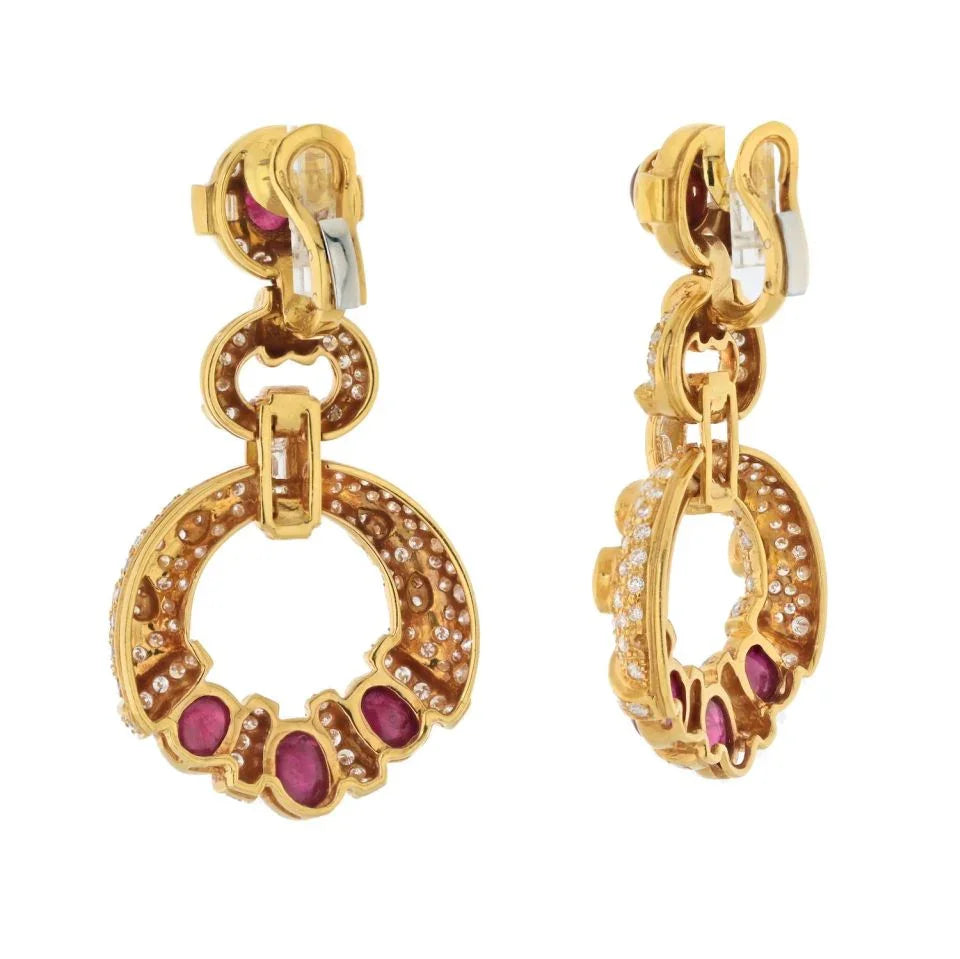 18K Yellow Gold Diamond Ruby Doorknocker Earrings - The Back Vault