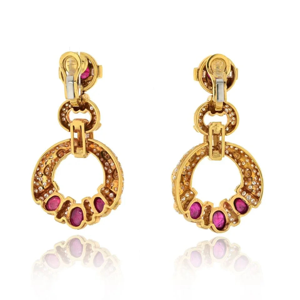 18K Yellow Gold Diamond Ruby Doorknocker Earrings - The Back Vault