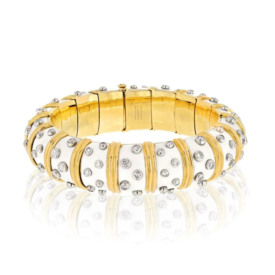 Tiffany & Co. Schlumberger Platinum & 18K Yellow Gold White Enamel Diamond Bangle Bracelet - The Back Vault