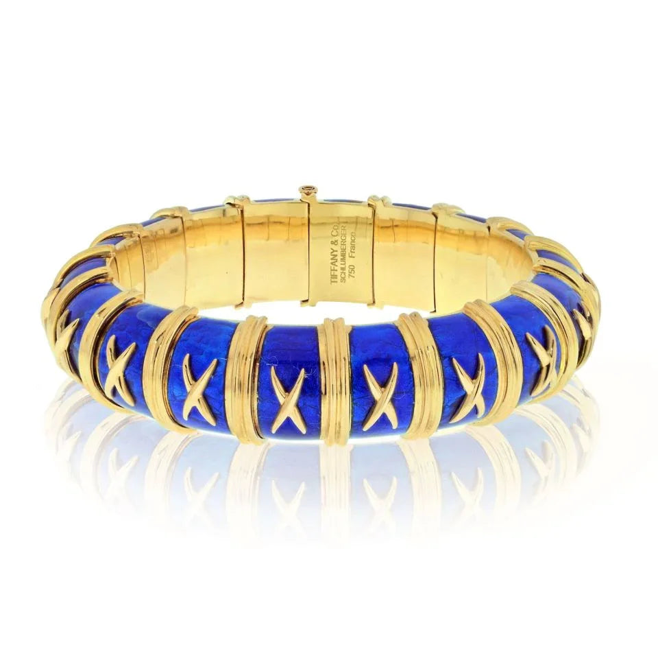 Tiffany & Co. Schlumberger Platinum & 18K Yellow Gold Blue Enamel X Motif Bracelet - The Back Vault