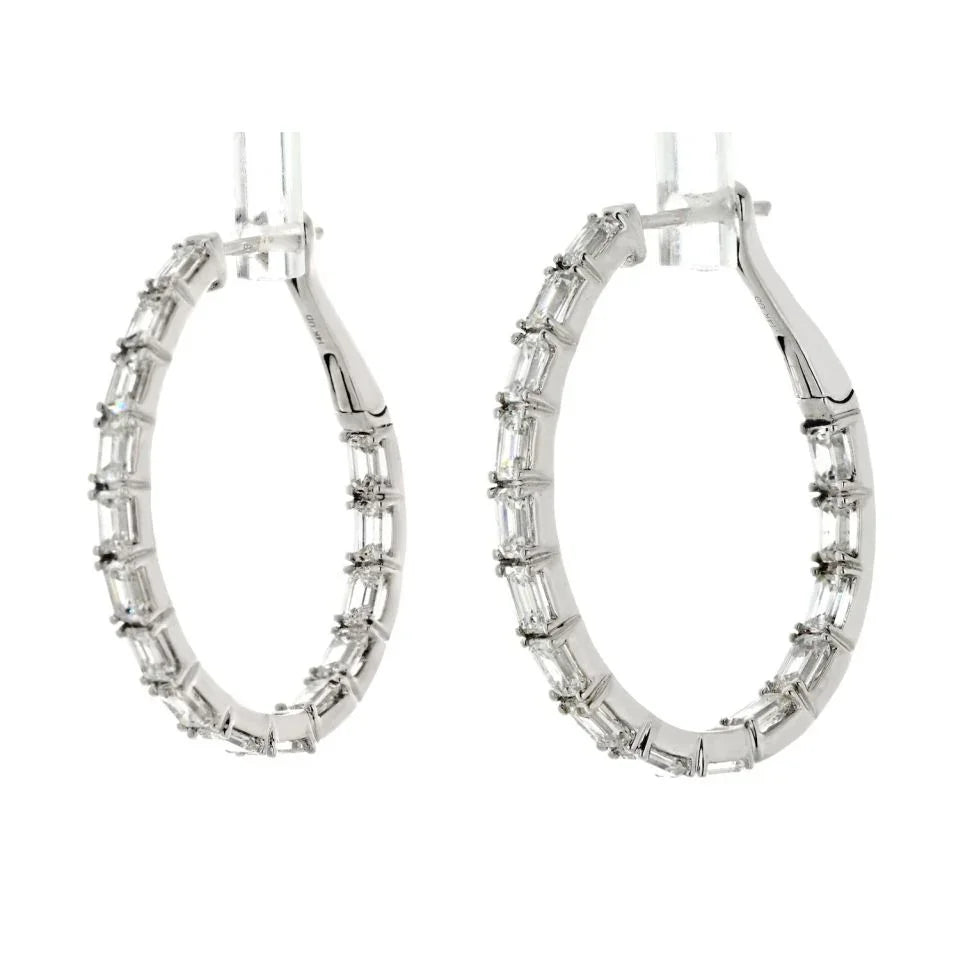 14K White Gold 5.25cttw Emerald Cut Diamond Hoop Earrings - The Back Vault