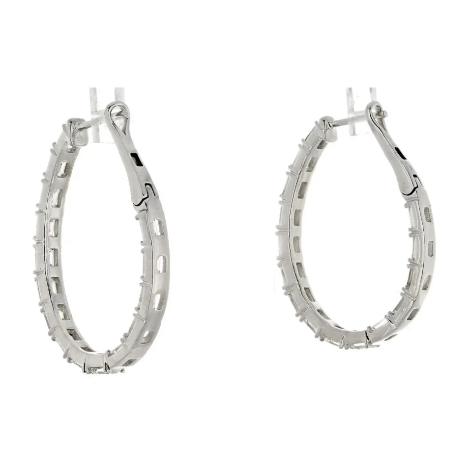 14K White Gold 5.25cttw Emerald Cut Diamond Hoop Earrings - The Back Vault