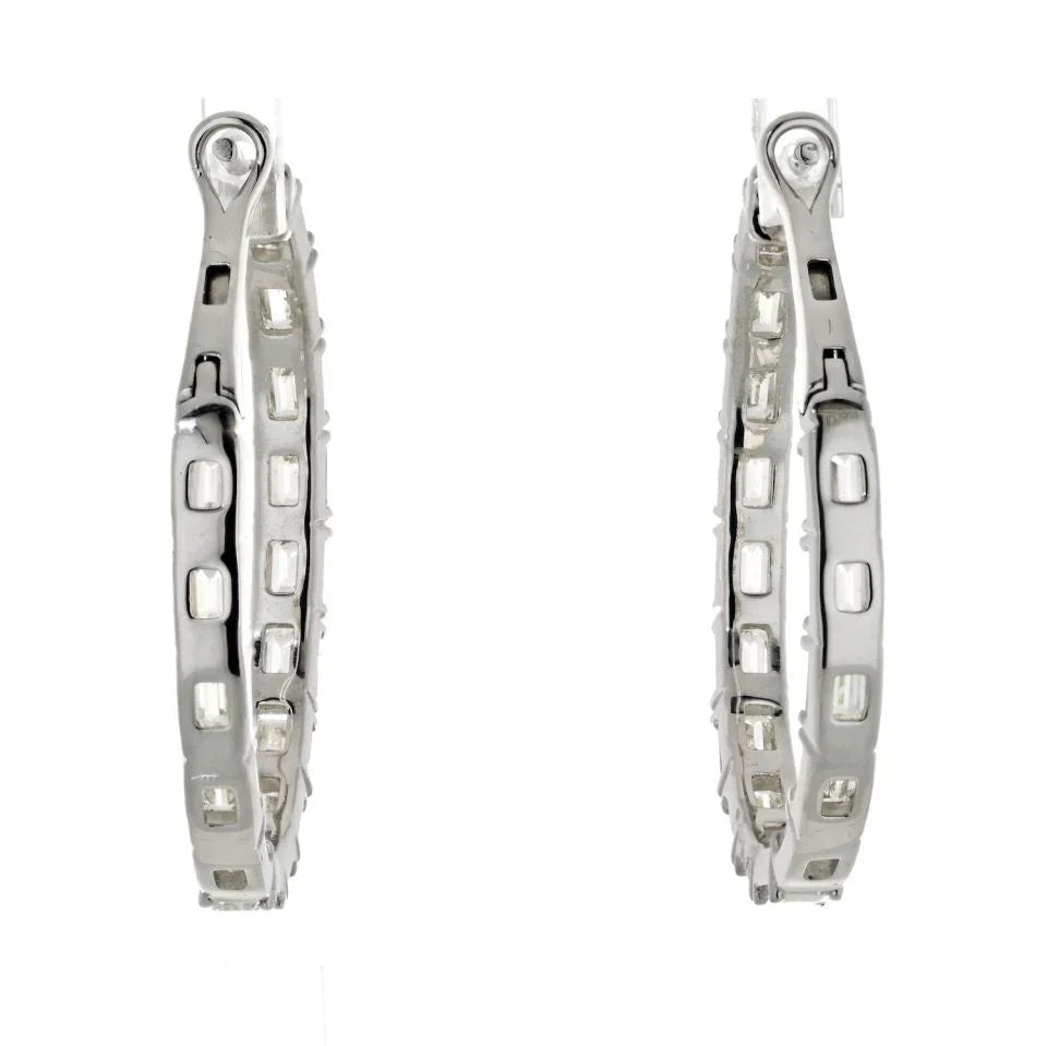 14K White Gold 5.25cttw Emerald Cut Diamond Hoop Earrings - The Back Vault