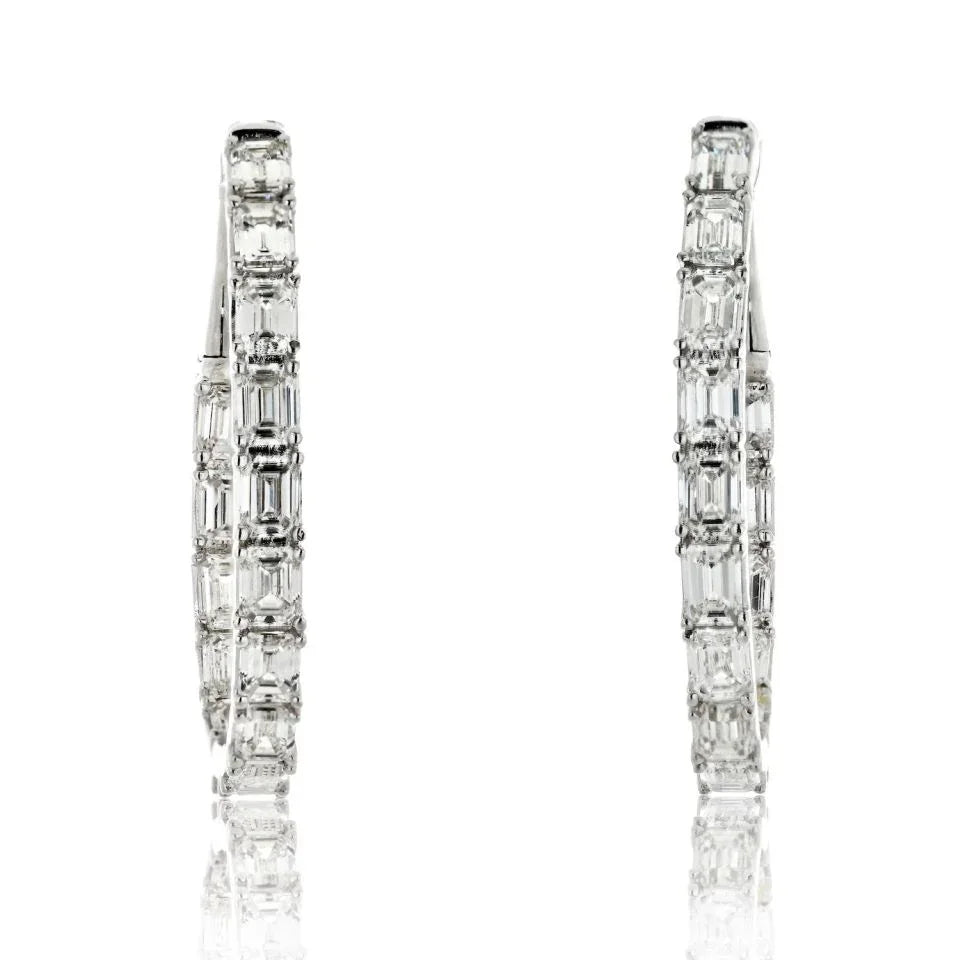 14K White Gold 5.25cttw Emerald Cut Diamond Hoop Earrings - The Back Vault