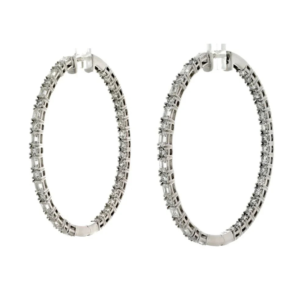 14K White Gold 7.50cttw Emerald And Round Cut Diamond Hoop Earrings - The Back Vault