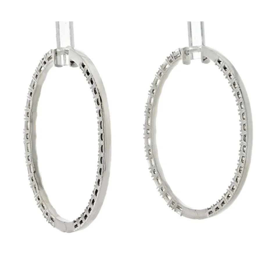 14K White Gold 7.50cttw Emerald And Round Cut Diamond Hoop Earrings - The Back Vault