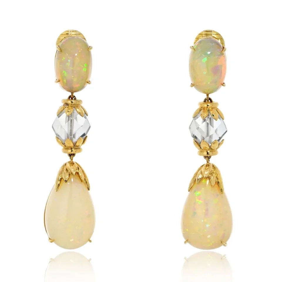 David Webb Brooch Platinum & 18K Yellow Gold Newport Opal Rock Crystal Earrings - The Back Vault