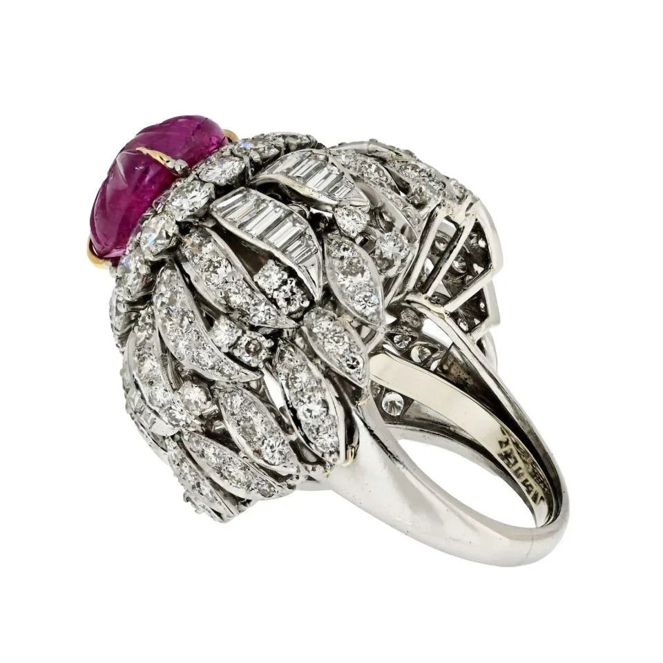 David Webb Platinum & 18K White Gold Carved Ruby And Diamond Bombe Cocktail Ring - The Back Vault