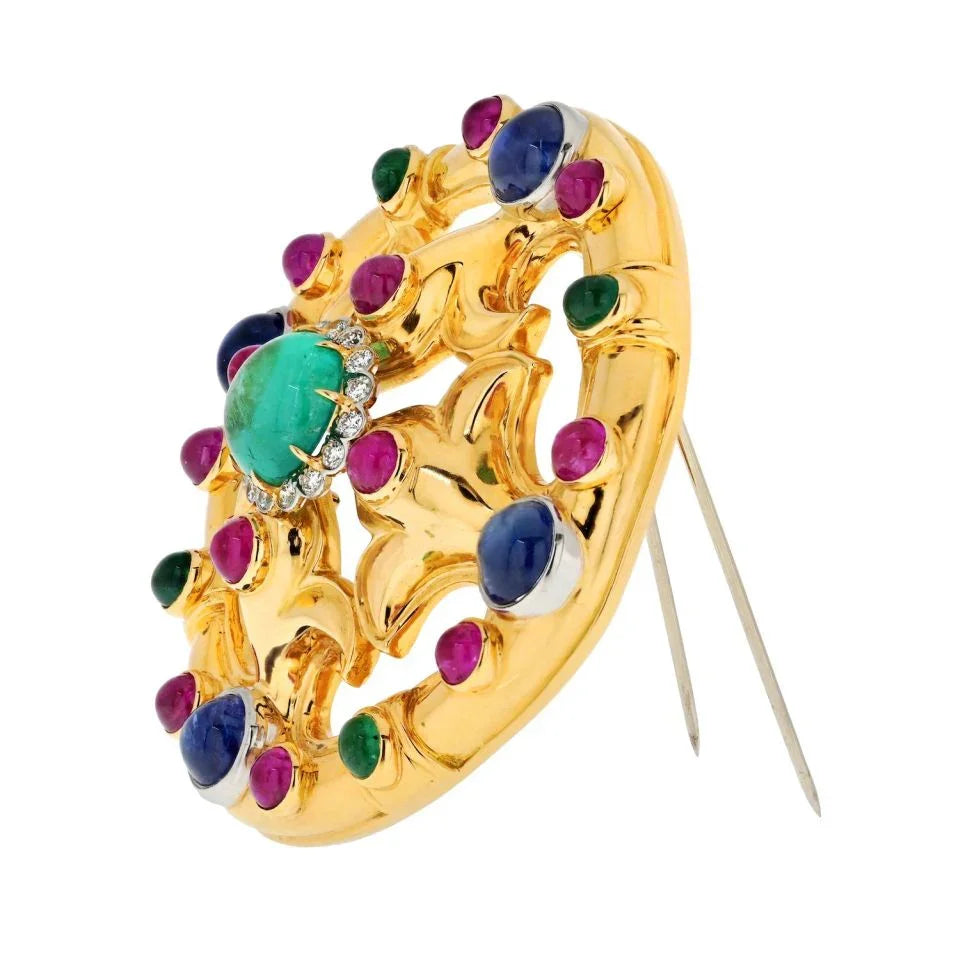 David Webb 18K Yellow Gold Cabochon Emerald, Sapphire, Ruby And Diamond Brooch - The Back Vault