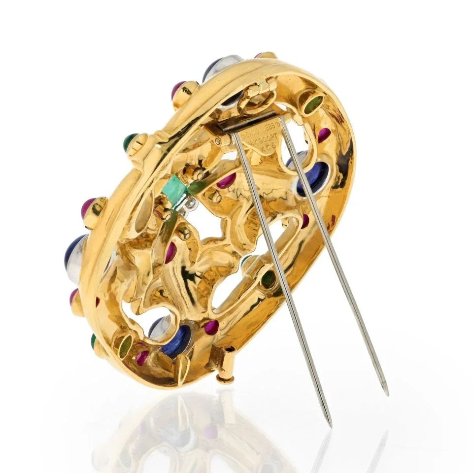 David Webb 18K Yellow Gold Cabochon Emerald, Sapphire, Ruby And Diamond Brooch - The Back Vault