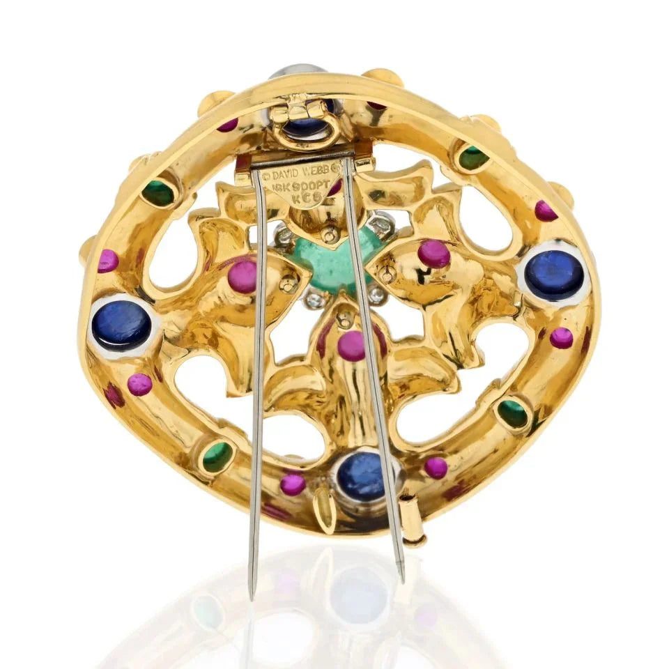 David Webb 18K Yellow Gold Cabochon Emerald, Sapphire, Ruby And Diamond Brooch - The Back Vault