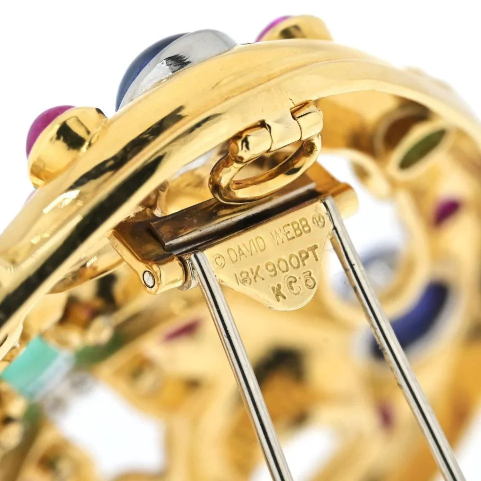 David Webb 18K Yellow Gold Cabochon Emerald, Sapphire, Ruby And Diamond Brooch - The Back Vault