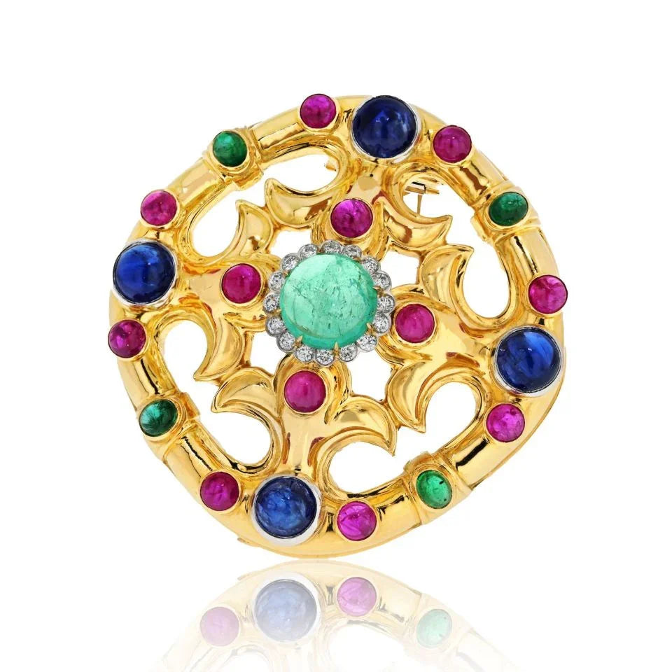 David Webb 18K Yellow Gold Cabochon Emerald, Sapphire, Ruby And Diamond Brooch - The Back Vault