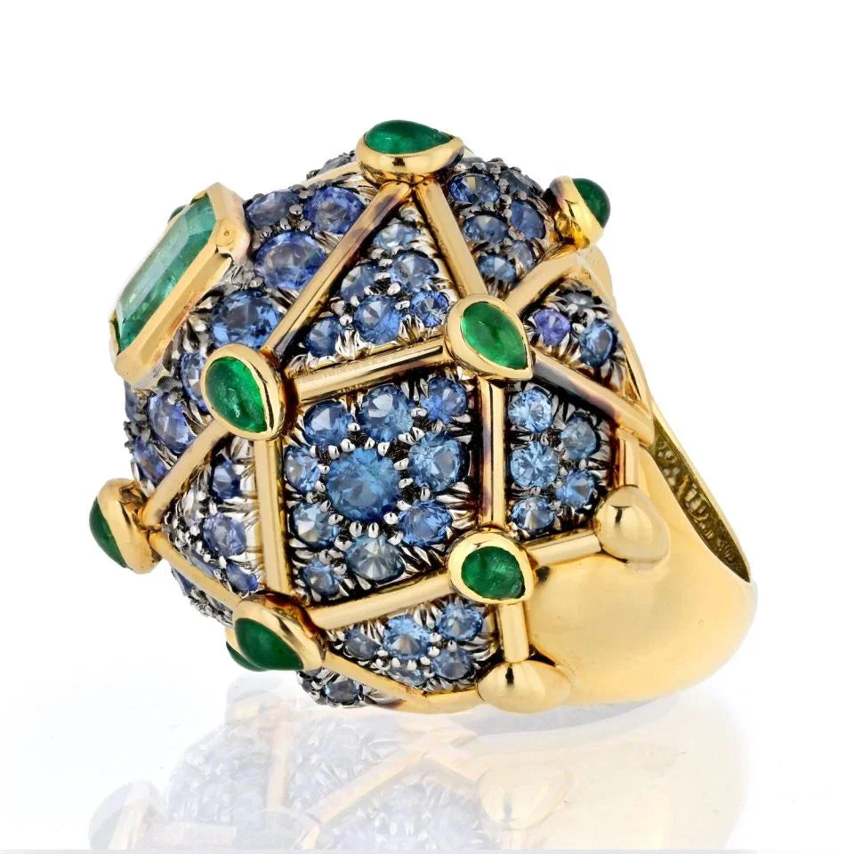 David Webb Platinum & 18K Yellow Gold Geodesic Dome Emerald & Sapphire Ring - The Back Vault