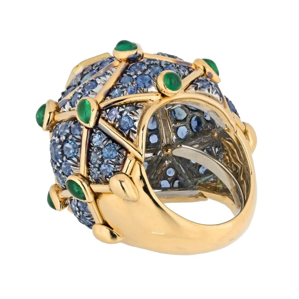 David Webb Platinum & 18K Yellow Gold Geodesic Dome Emerald & Sapphire Ring - The Back Vault