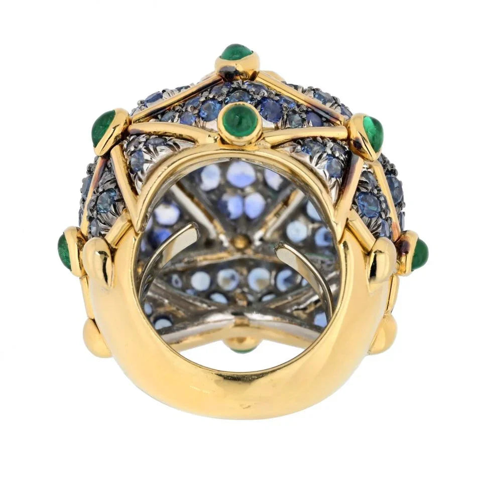 David Webb Platinum & 18K Yellow Gold Geodesic Dome Emerald & Sapphire Ring - The Back Vault