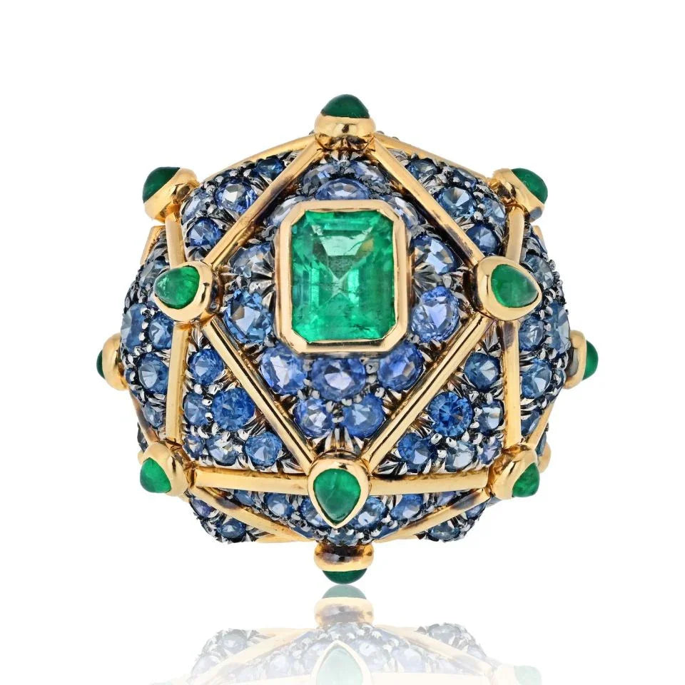 David Webb Platinum & 18K Yellow Gold Geodesic Dome Emerald & Sapphire Ring - The Back Vault