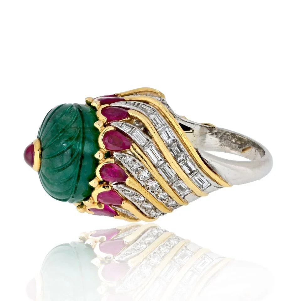 David Webb Platinum & 18K Yellow Gold Mughal Carved Emerald And Ruby Ring - The Back Vault