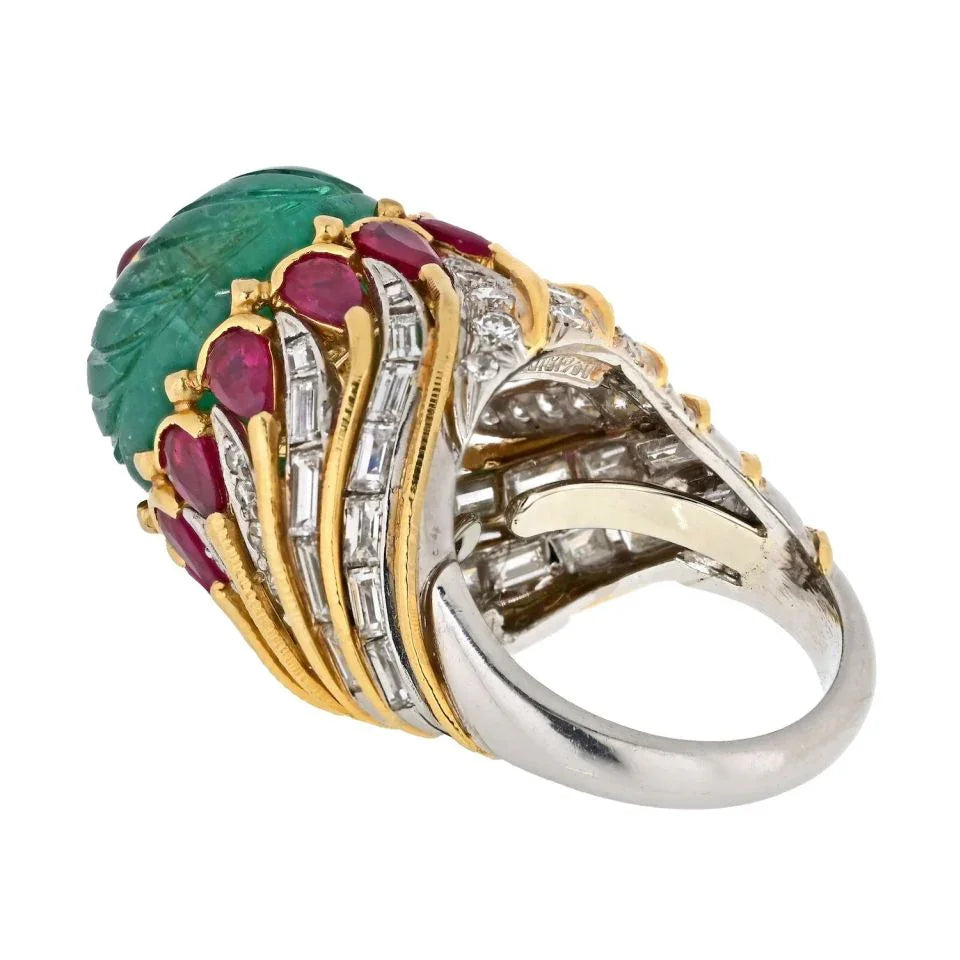 David Webb Platinum & 18K Yellow Gold Mughal Carved Emerald And Ruby Ring - The Back Vault
