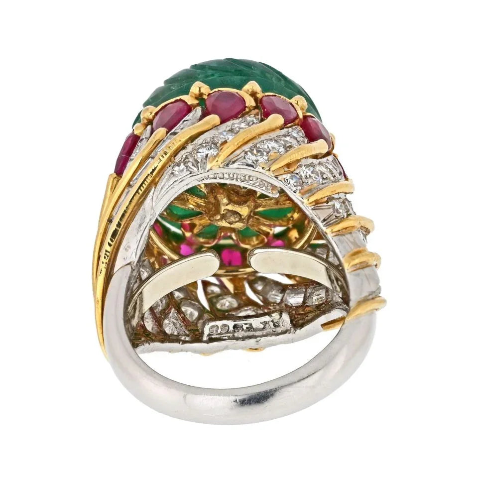David Webb Platinum & 18K Yellow Gold Mughal Carved Emerald And Ruby Ring - The Back Vault