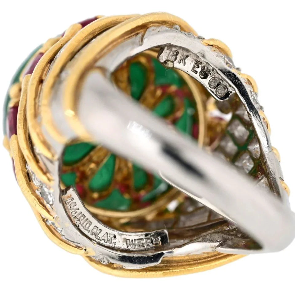David Webb Platinum & 18K Yellow Gold Mughal Carved Emerald And Ruby Ring - The Back Vault
