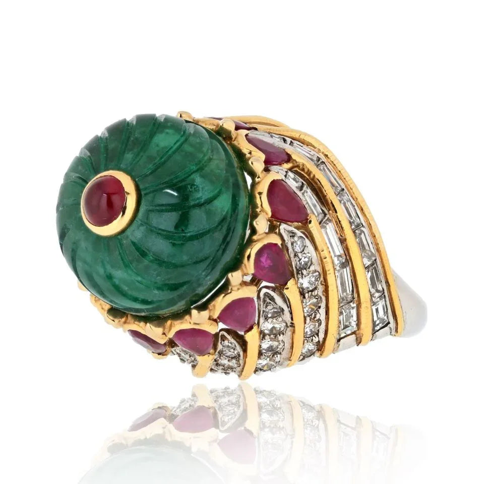 David Webb Platinum & 18K Yellow Gold Mughal Carved Emerald And Ruby Ring - The Back Vault