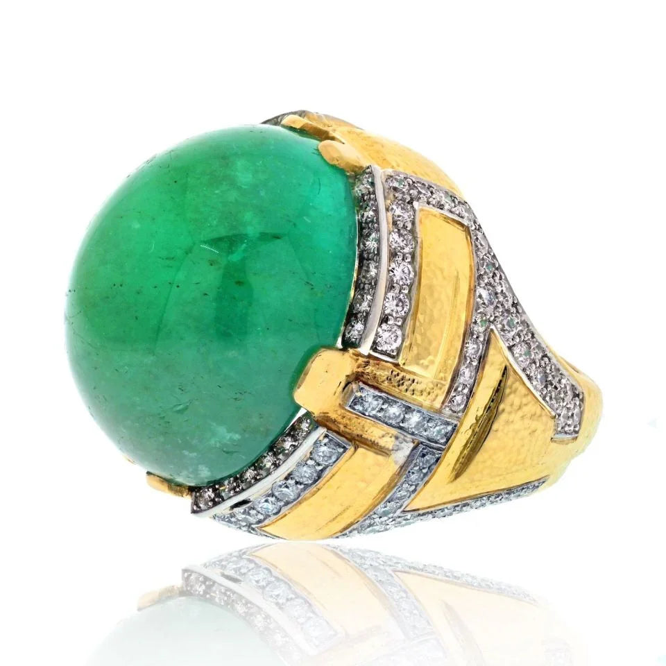 David Webb Platinum & 18K Yellow Gold 54ct Cabochon Cut Green Emerald Diamond Ring - The Back Vault