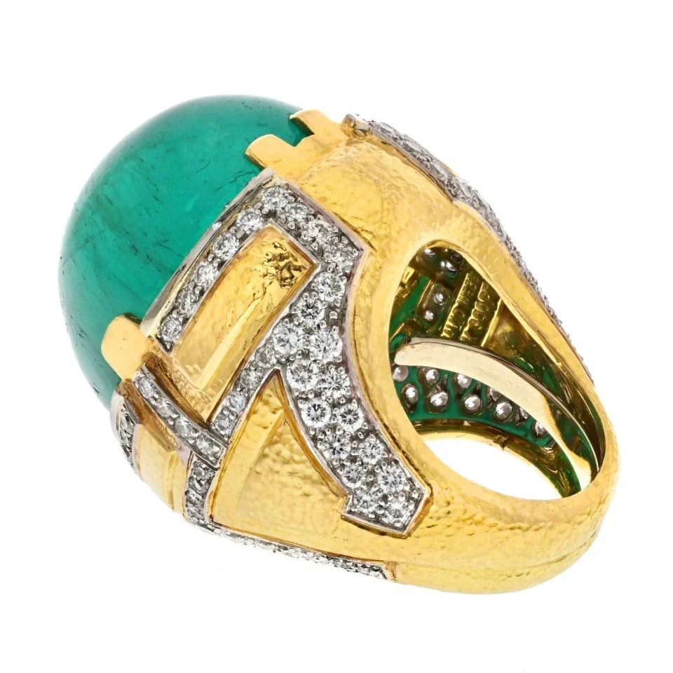 David Webb Platinum & 18K Yellow Gold 54ct Cabochon Cut Green Emerald Diamond Ring - The Back Vault