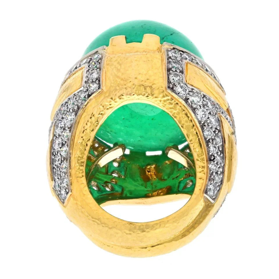 David Webb Platinum & 18K Yellow Gold 54ct Cabochon Cut Green Emerald Diamond Ring - The Back Vault