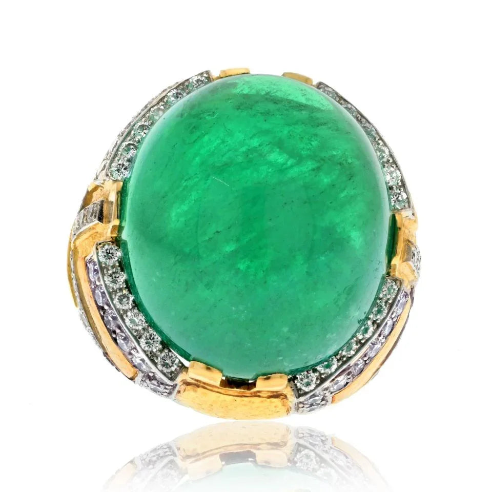 David Webb Platinum & 18K Yellow Gold 54ct Cabochon Cut Green Emerald Diamond Ring - The Back Vault