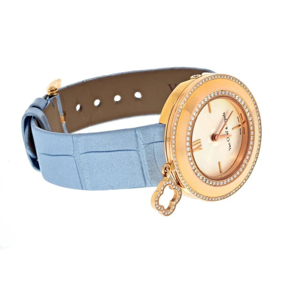 Van Cleef & Arpels 18K Yellow Gold 32mm Charm Diamond Bezel Alligator Blue Strap Women Watch - The Back Vault