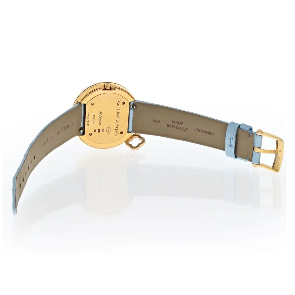 Van Cleef & Arpels 18K Yellow Gold 32mm Charm Diamond Bezel Alligator Blue Strap Women Watch - The Back Vault