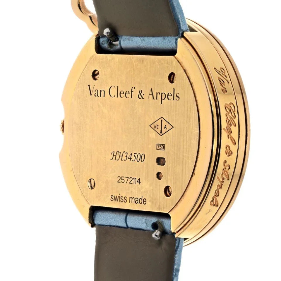 Van Cleef & Arpels 18K Yellow Gold 32mm Charm Diamond Bezel Alligator Blue Strap Women Watch - The Back Vault
