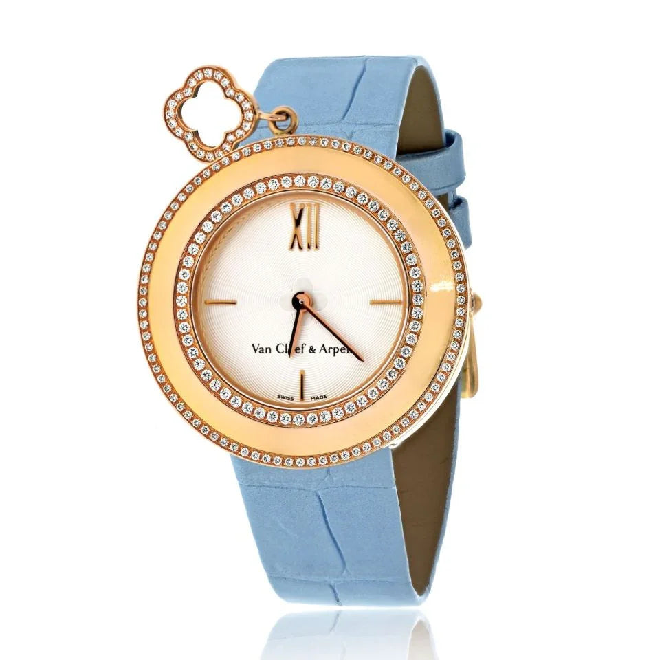 Van Cleef & Arpels 18K Yellow Gold 32mm Charm Diamond Bezel Alligator Blue Strap Women Watch - The Back Vault