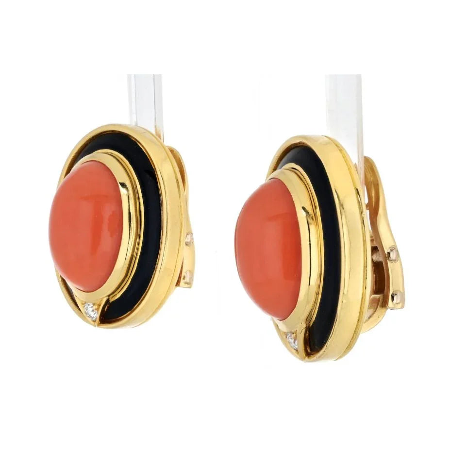 Bvlgari 18K Yellow Gold Coral, Black Enamel, Onyx Earrings - The Back Vault