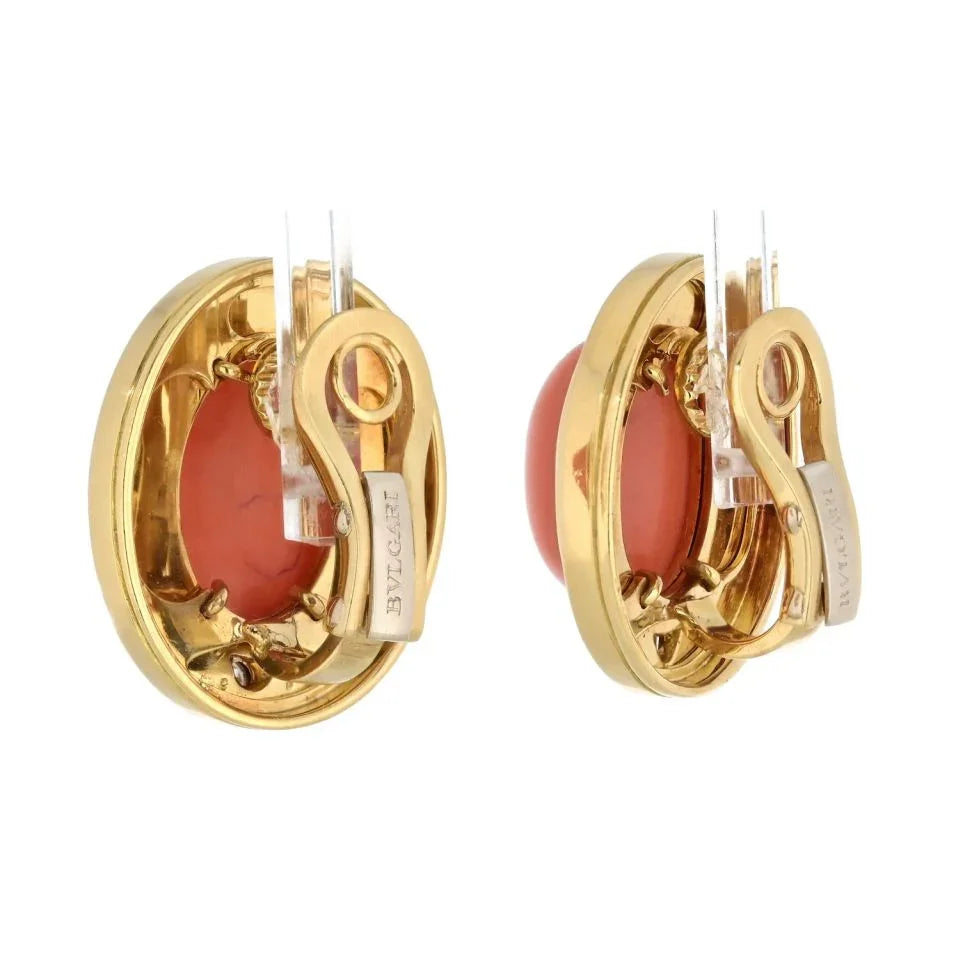 Bvlgari 18K Yellow Gold Coral, Black Enamel, Onyx Earrings - The Back Vault