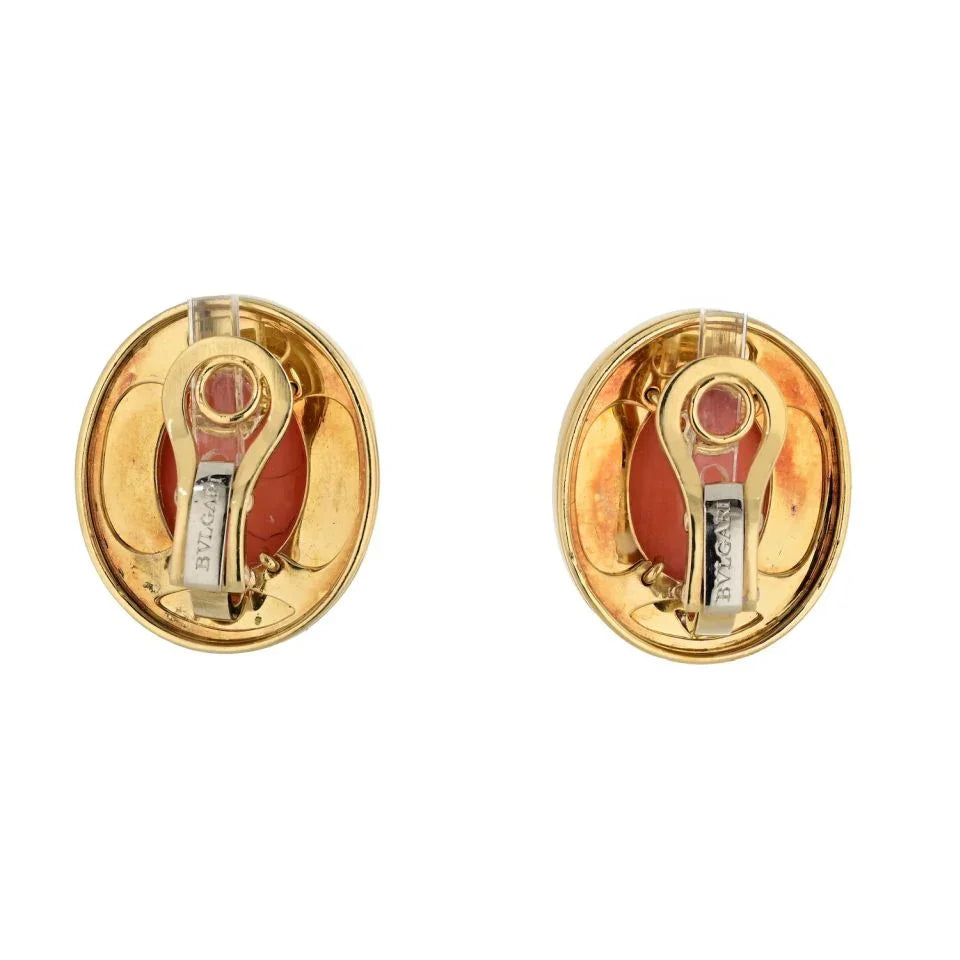 Bvlgari 18K Yellow Gold Coral, Black Enamel, Onyx Earrings - The Back Vault