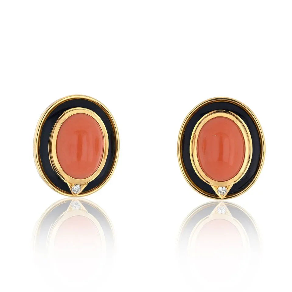 Bvlgari 18K Yellow Gold Coral, Black Enamel, Onyx Earrings - The Back Vault